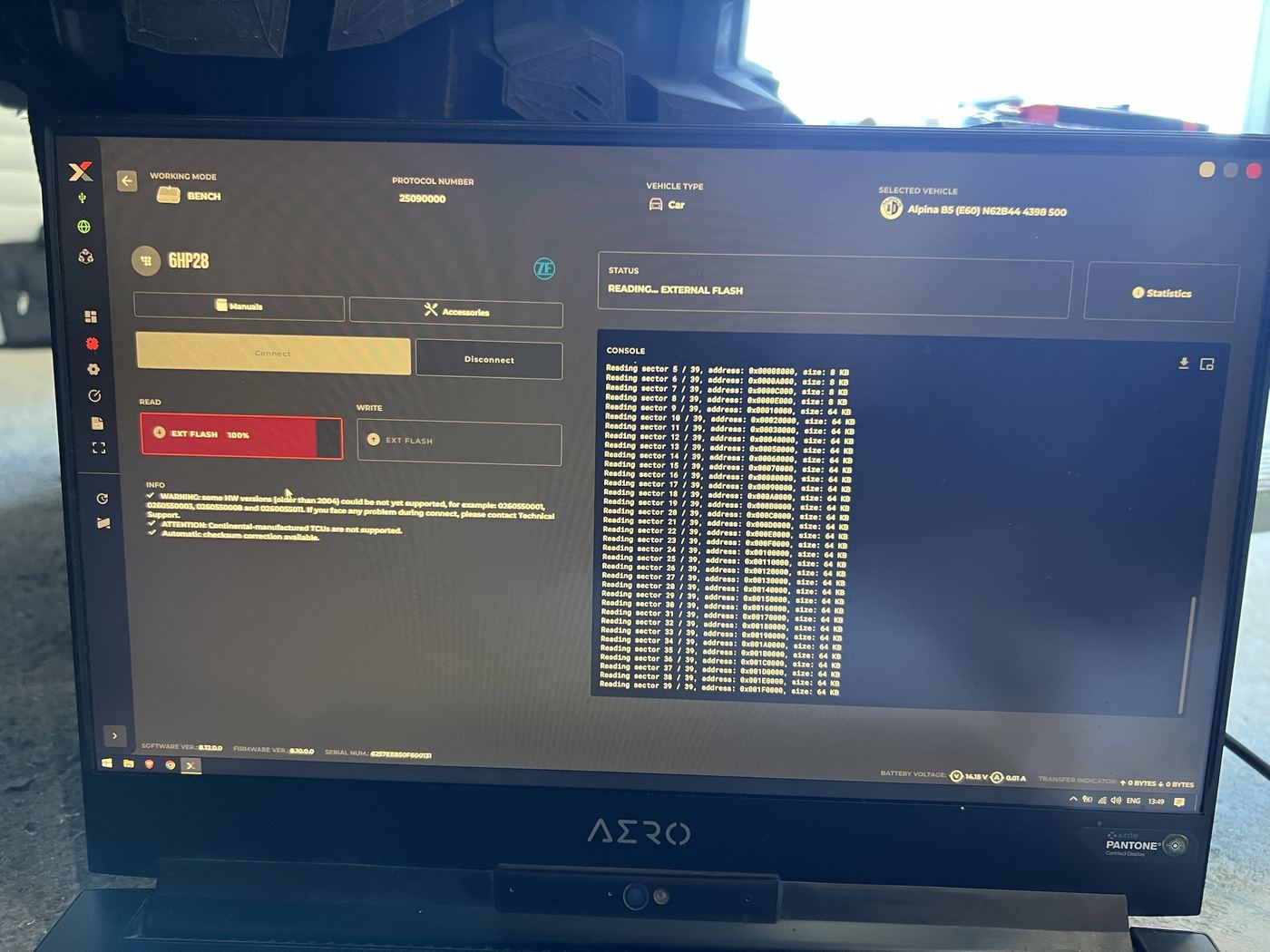 Laptop screen showing a full read of a ZF 6HP28 gearbox control unit